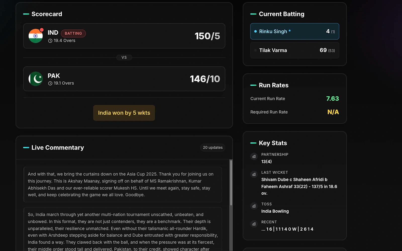 Screenshot of the Cricket Score API live match dashboard